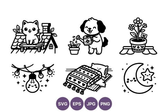 Cute Cat Dog Moon Line Art Vector Set Review