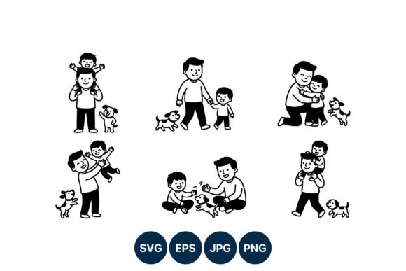 Father and Son Playing with Dog Line Art Review